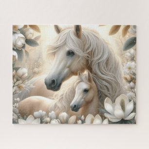 White Mama Horse With Magnolia Jigsaw Puzzle