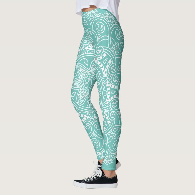 White Mandala Art Pattern On Light Teal Blue Green Leggings (Left)