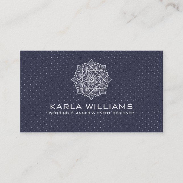 White Mandala & Dots Pattern Business Card (Front)