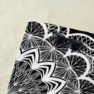 White Mandala on Black Background Beach Towel
