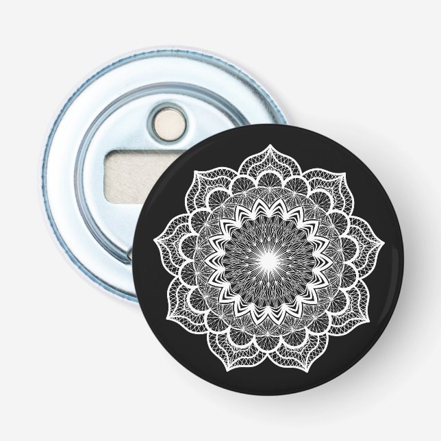 White Mandala on Black Background Bottle Opener (Front)