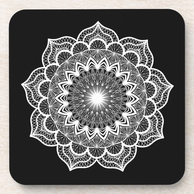 White Mandala on Black Background Coaster (Front)