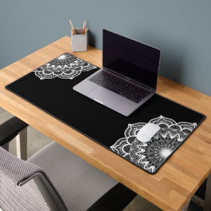 White Mandala on Black Background Desk Mat