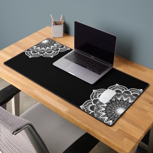 White Mandala on Black Background Desk Mat (Office 2)