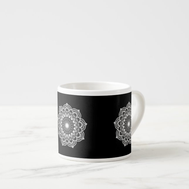White Mandala on Black Background Espresso Cup (Front Right)