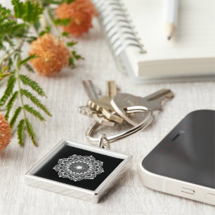 White Mandala on Black Background Key Ring