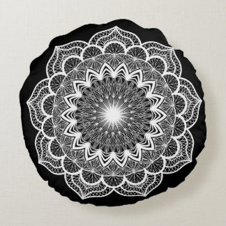 White Mandala on Black Background Round Cushion