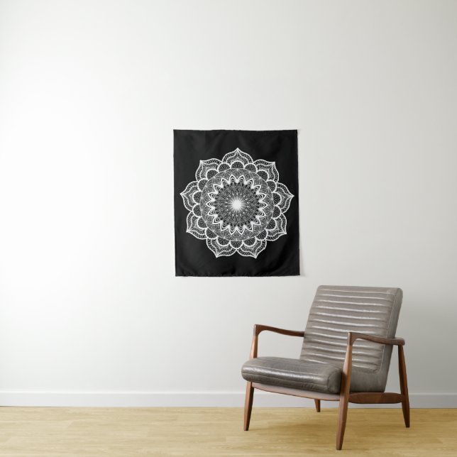 White Mandala on Black Background Small Tapestry (In Situ)