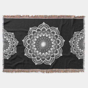 White Mandala on Black Background Throw Blanket