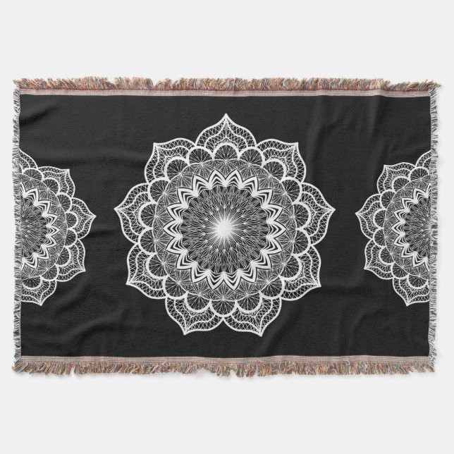 White Mandala on Black Background Throw Blanket (Front)