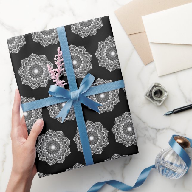 White Mandala on Black Background Wrapping Paper (Gifting)