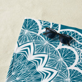 White Mandala on Blue Background Beach Towel