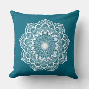 White Mandala on Blue Background Cushion