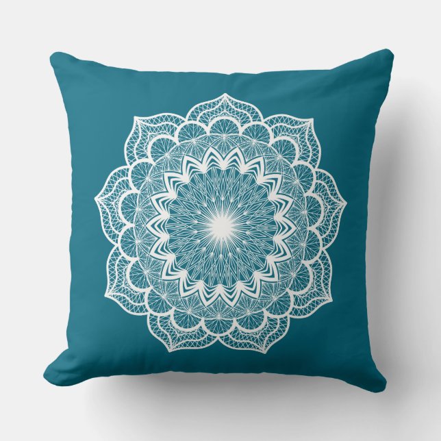 White Mandala on Blue Background Cushion (Front)
