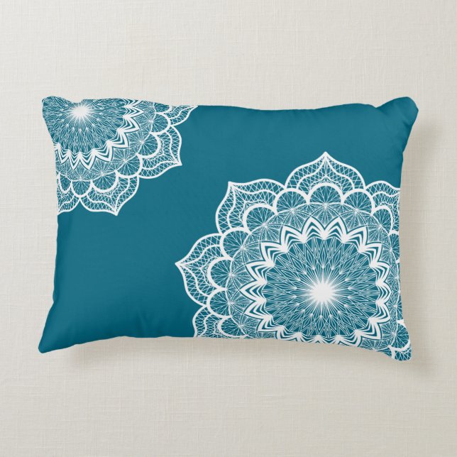 White Mandala on Blue Background Decorative Cushion (Back)