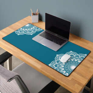 White Mandala on Blue Background Desk Mat