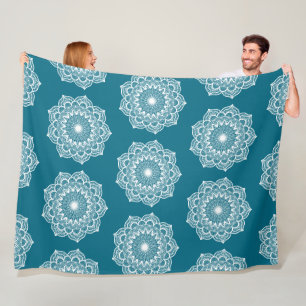 White Mandala on Blue Background Fleece Blanket