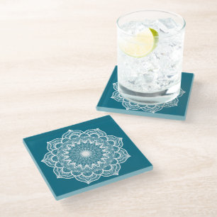 White Mandala on Blue Background Glass Coaster