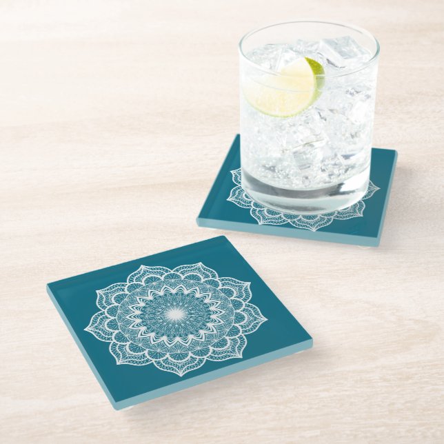 White Mandala on Blue Background Glass Coaster (Angled)