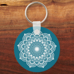 White Mandala on Blue Background Key Ring