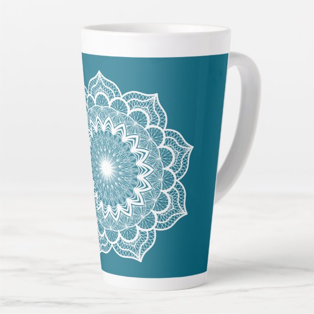 White Mandala on Blue Background Latte Mug (Right Angle)
