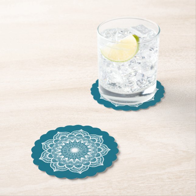 White Mandala on Blue Background Paper Coaster (Insitu)