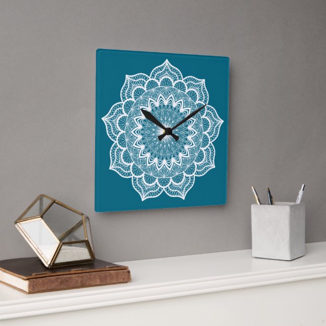 White Mandala on Blue Background Square Wall Clock (Office)