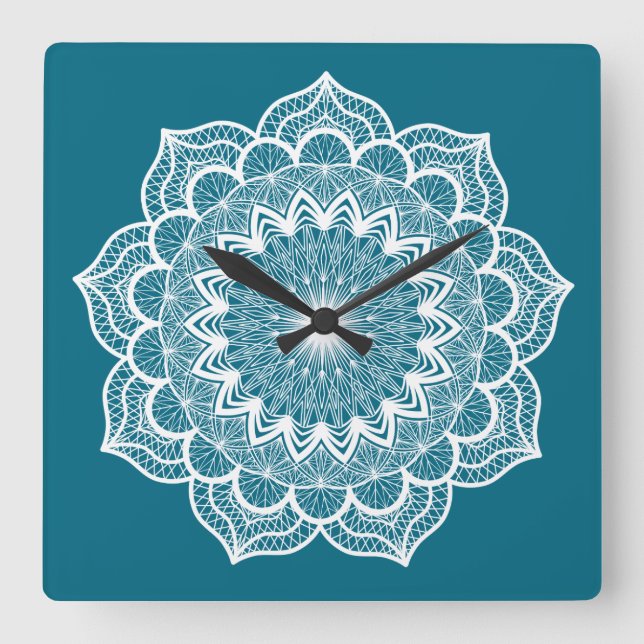 White Mandala on Blue Background Square Wall Clock (Front)