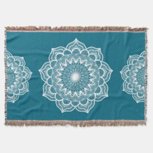 White Mandala on Blue Background Throw Blanket