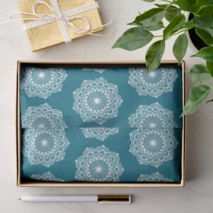 White Mandala on Blue Background Tissue Paper