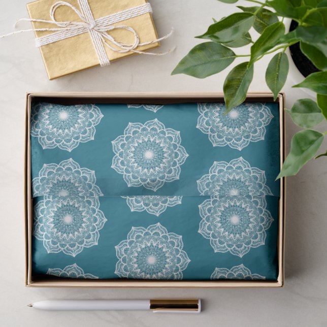 White Mandala on Blue Background Tissue Paper (Gift)