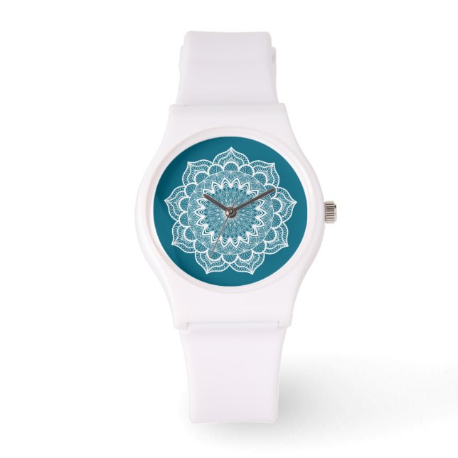 White Mandala on Blue Background Watch (Front)