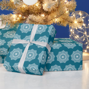 White Mandala on Blue Background Wrapping Paper