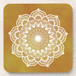 White Mandala on Gold Background Coaster