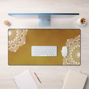 White Mandala on Gold Background Desk Mat