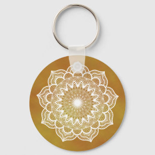 White Mandala on Gold Background Key Ring