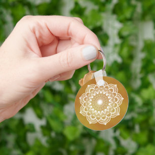 White Mandala on Gold Background Key Ring