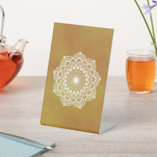 White Mandala on Gold Background Pedestal Sign