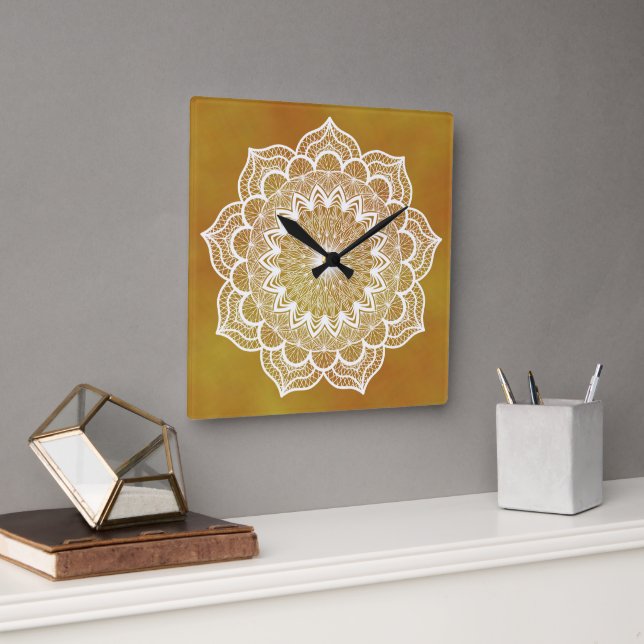 White Mandala on Gold Background Square Wall Clock (Office)