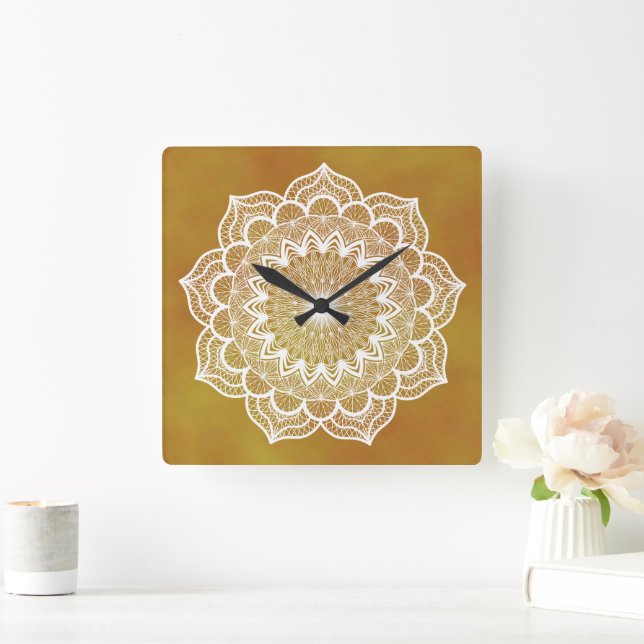 White Mandala on Gold Background Square Wall Clock (Home)
