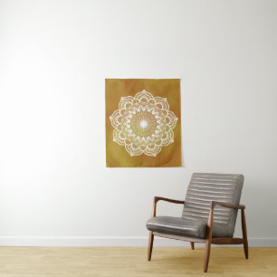 White Mandala on Gold Background Tapestry