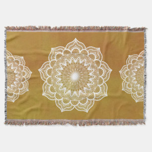 White Mandala on Gold Background Throw Blanket