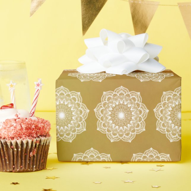 White Mandala on Gold Background Wrapping Paper (Birthday Party)