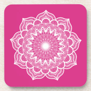 White Mandala on Pink Background Coaster