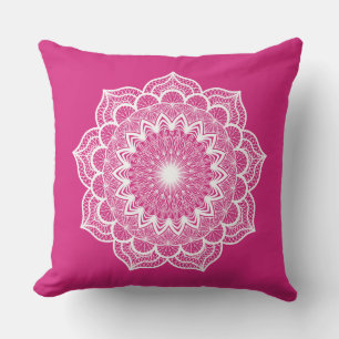 White Mandala on Pink Background Cushion