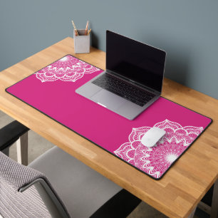 White Mandala on Pink Background Desk Mat