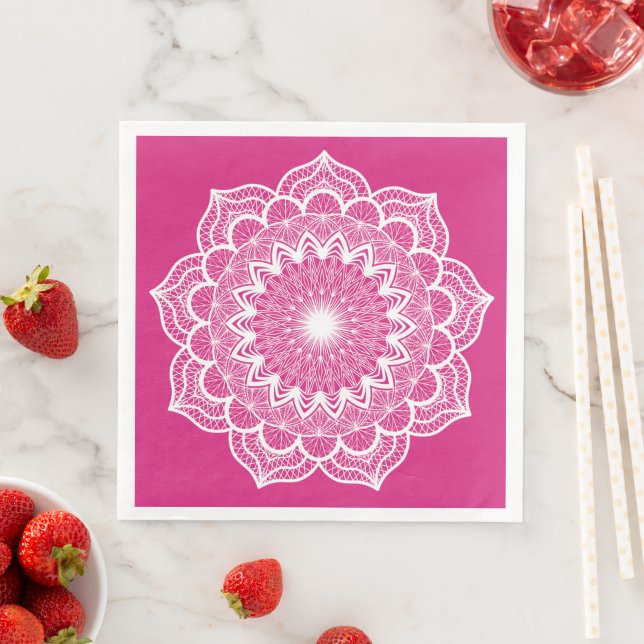 White Mandala on Pink Background Napkin (Insitu)