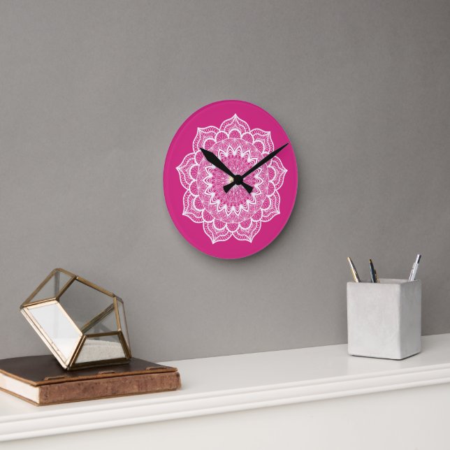 White Mandala on Pink Background Round Clock (Office)