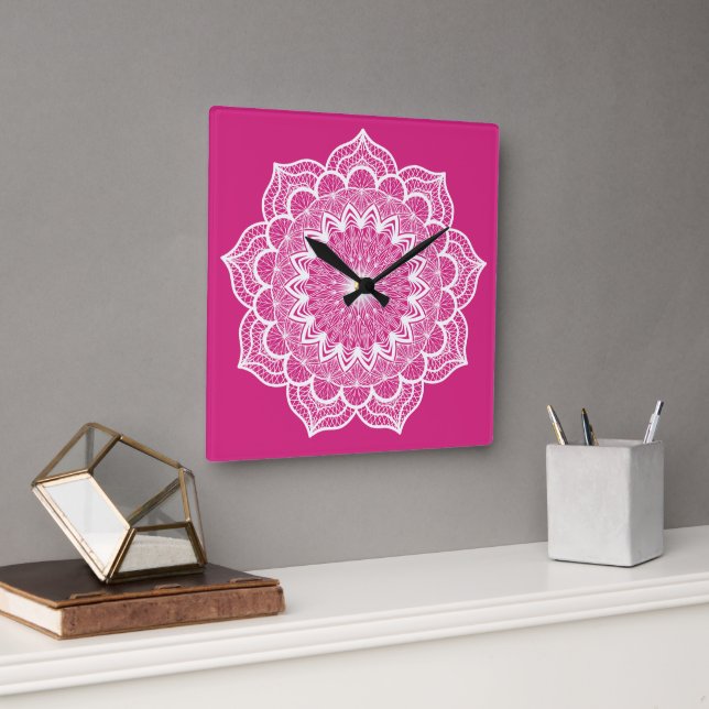 White Mandala on Pink Background Small Square Wall Clock (Office)