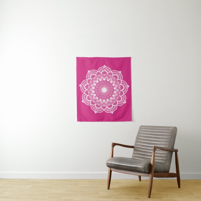 White Mandala on Pink Background Small Tapestry (In Situ)